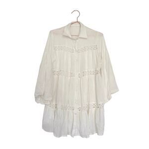 Unbranded white open crochet button up swim coverup one size